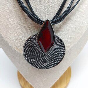 ⭐️2/$30 Silver Tone Red GEMSTONE PENDANT LEATHER NECKLACE Designer Inspired